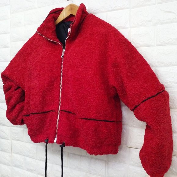 Y2K Cropped Bomber Jacket Pockets Faux-Fur Red - Picture 2 of 13